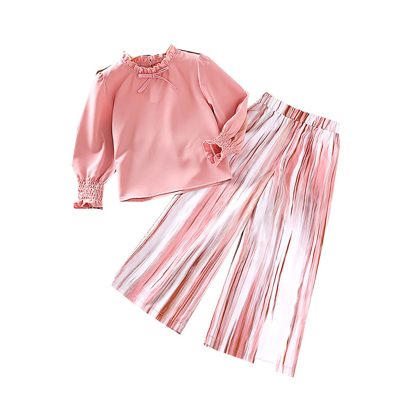 Roupas infantis 2024 primavera novo estilo ocidental renda manga comprida top listrado calças versão coreana conjunto de menina_voghion.com