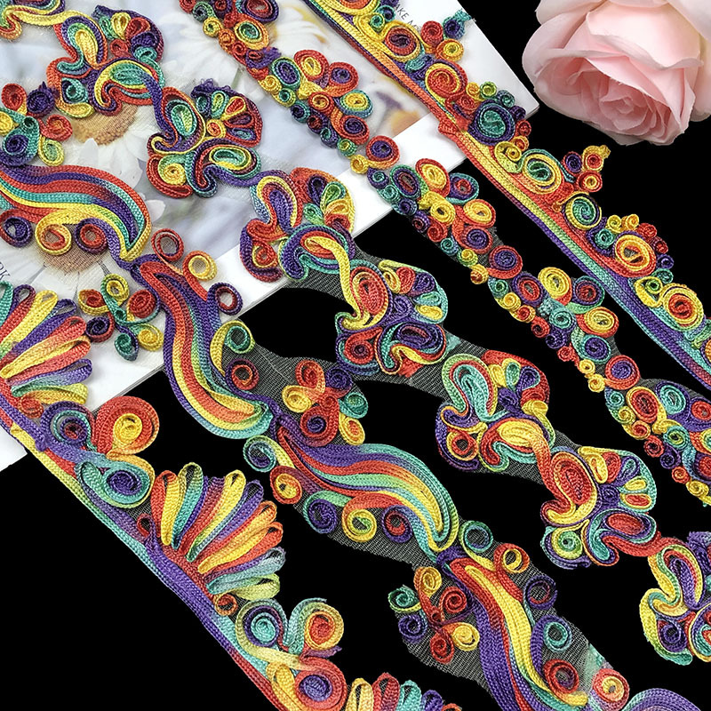 现货供应刺绣彩色绳绣花边 DIY盘绳三合一蕾丝服装辅料花边lace