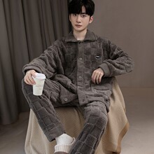 2025新款睡衣男士秋冬季加绒加厚长袖保暖珊瑚绒法兰绒家居服套装