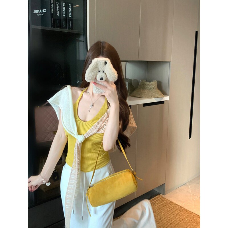 Sexy backless V-neck halter neck camisole for women, summer layered outfit, slim-fit knitted shawl two-piece set