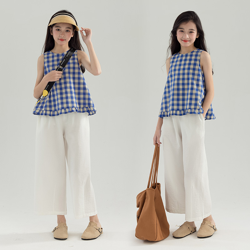 Factory Outlet Big Girls Summer Fresh Loose Sleeveless Plaid Top White Sunscreen Nine Wide Pants