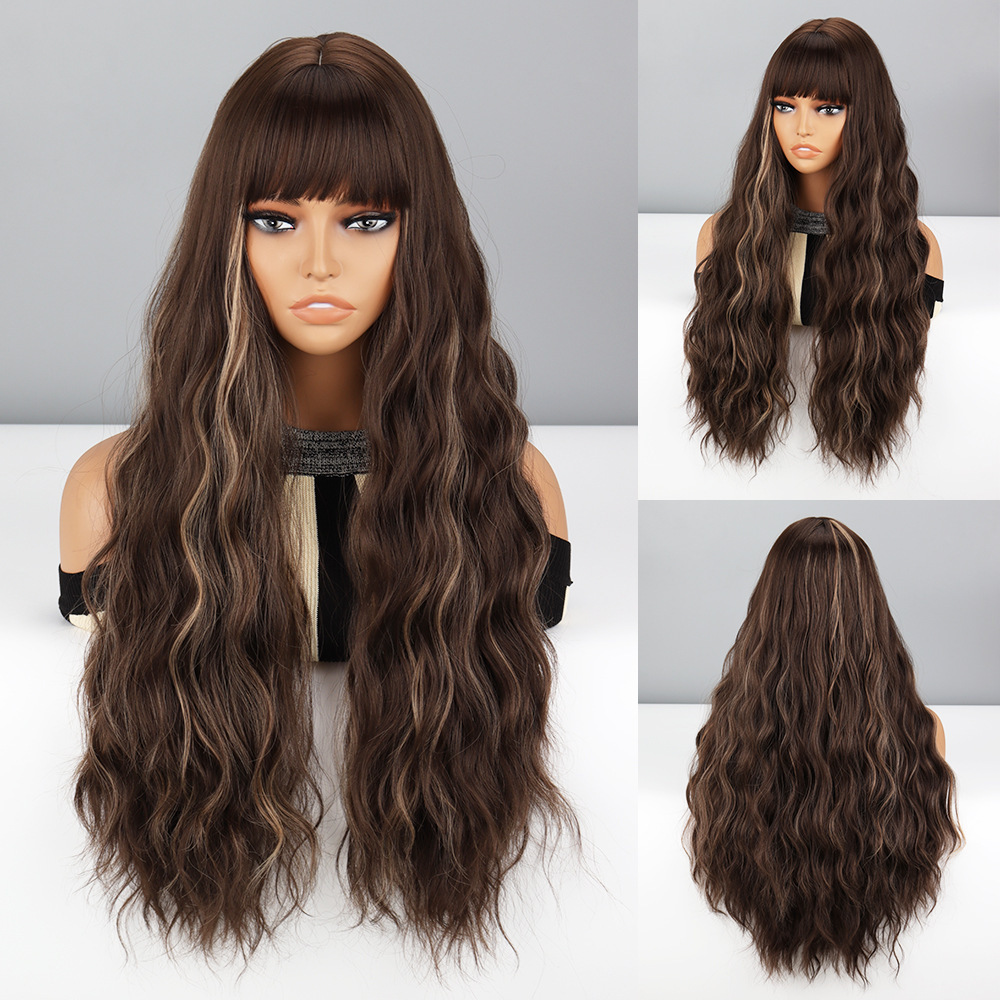 Multi Color Gradient European American Style Long Wig With Bangs Water Ripple Pattern Machine Made Chemical Fiber High Temperature Silk_voghion.com