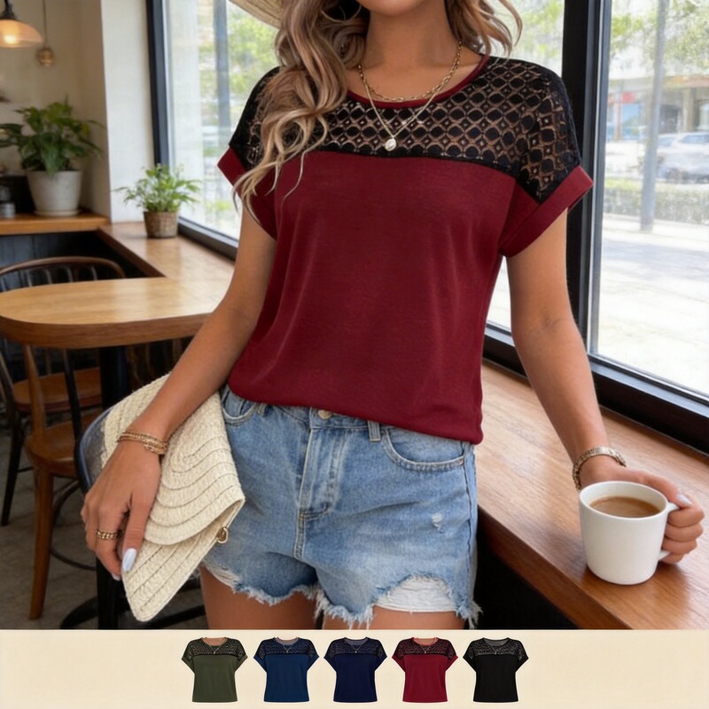Foreign Trade Cross-Border 2025 European and American Spring and Summer New Women's Clothing Popular Lace Round Neck Loose Off-Shoulder Short-Sleeved Women's T-Shirt