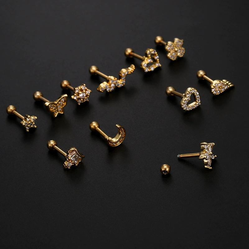 Стильные серьги из нержавеющей стали, пирсинг, микроинкрустация, 16G, европейский стиль