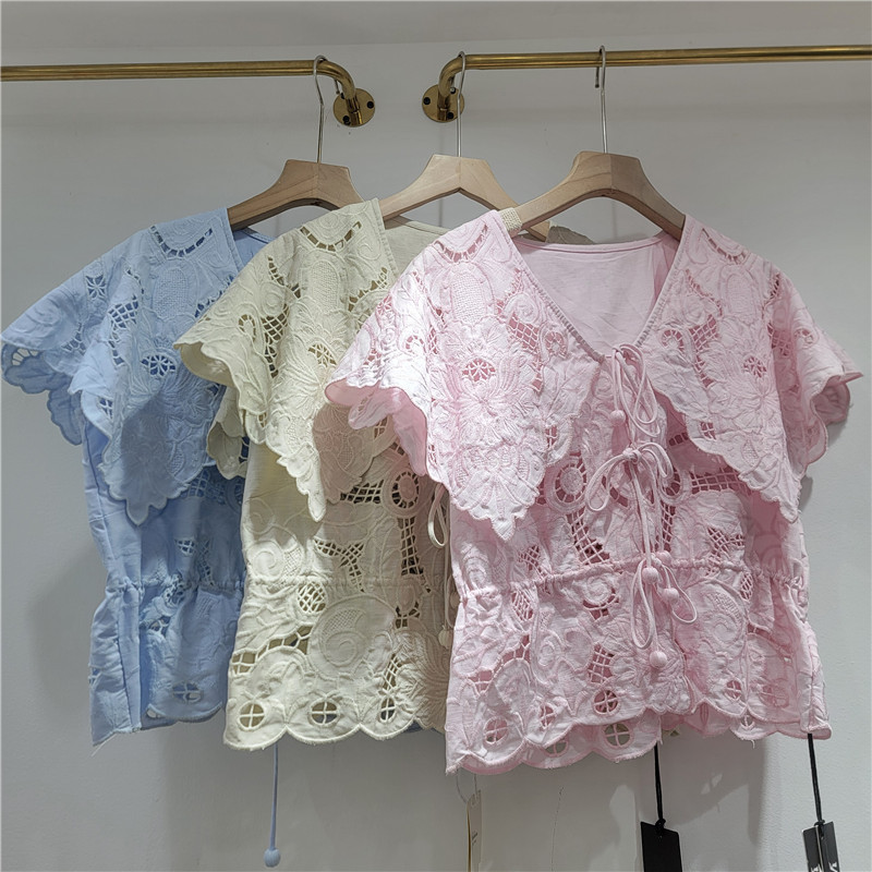 Sweet Style Jacquard Hollow-Out Navy Collar Short-Sleeve Shirt for Women, 2026 Summer New Age-Reducing Korean Style Drawstring Waist Top