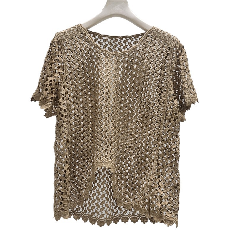 Camiseta de mangas cortas de encaje hueco irregular, camiseta de mujer, gran tamaño de verano, gorda mm, delgada y hermosa camiseta única