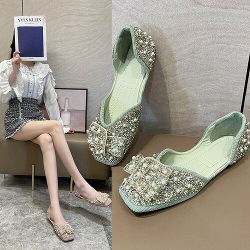 Women's Spring Bow Flat Slip-on Square Toe Soft Sole Fairy Bean Bean Shoes for Girls