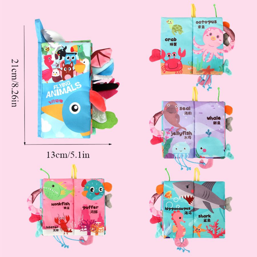 Libro de tela transfronterizo para bebés, educación temprana, con cola de animal tridimensional, masticable, resistente a desgarros, juguete calmante para bebés