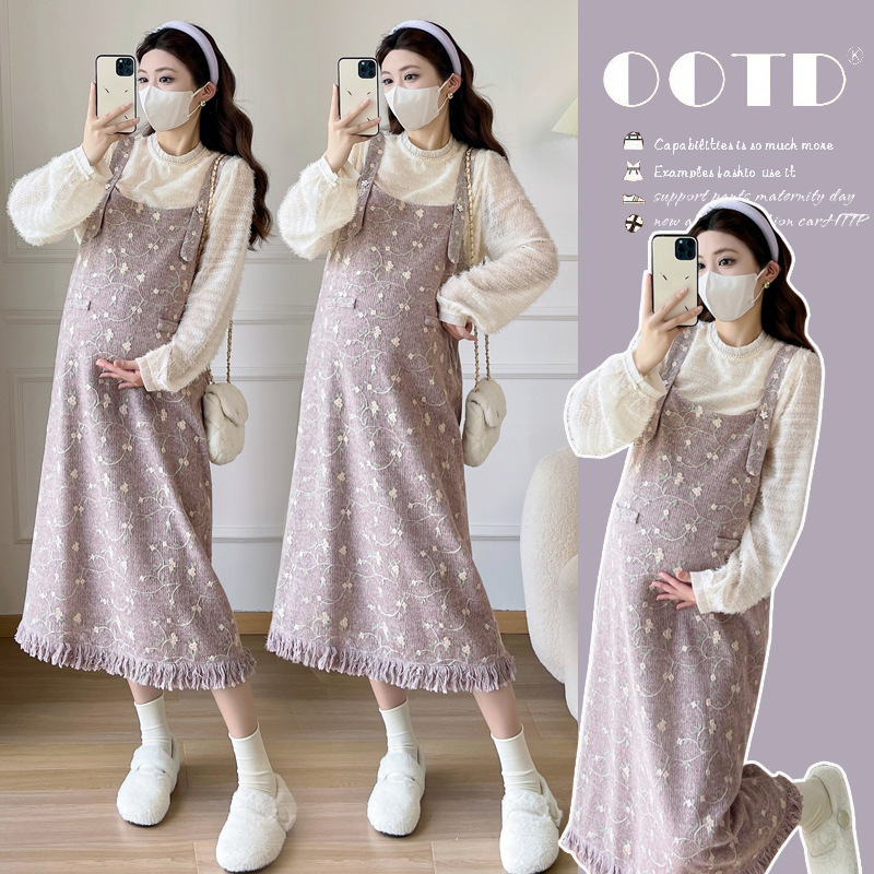 Real Shot of Purple Flower Embroidered Dress 2025 Unique and Super Nice Tassel Knitted Suspender Skirt Maternity Suit