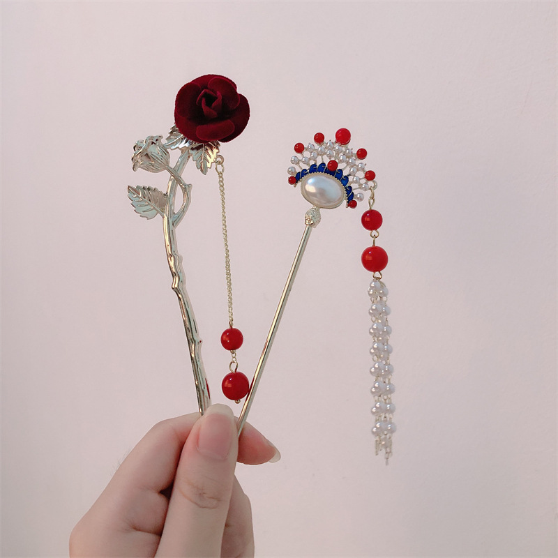 Hada estupenda estilo antiguo accesorios para el cabello rosa perla borla horquilla Hanfu updo horquilla cheongsam palillos paso sacudida tocado