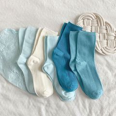 Spring and summer new healing blue mid-calf socks with threaded elastic cuffs solid color couple socks paired with white shoes