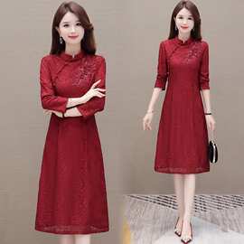 实拍红色蕾丝旗袍连衣裙女2023新款秋季显瘦复古喜婆婆婚宴装礼服