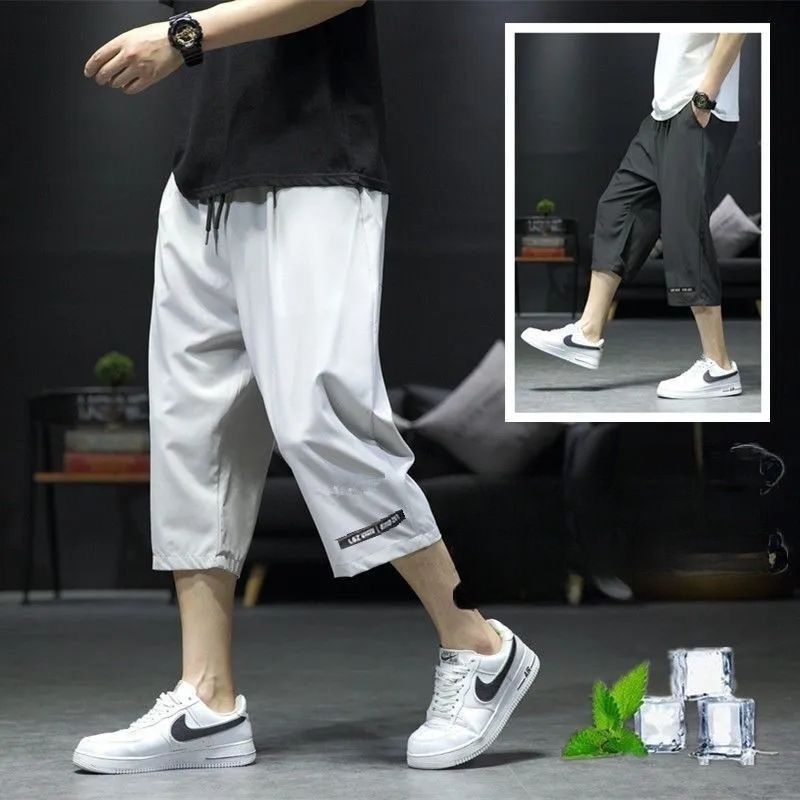 Ice Silk 7-point Shorts Men's Summer Thin Breathable Quick-drying Sports Pants Casual Pants Loose plus size Capri Pants for Men