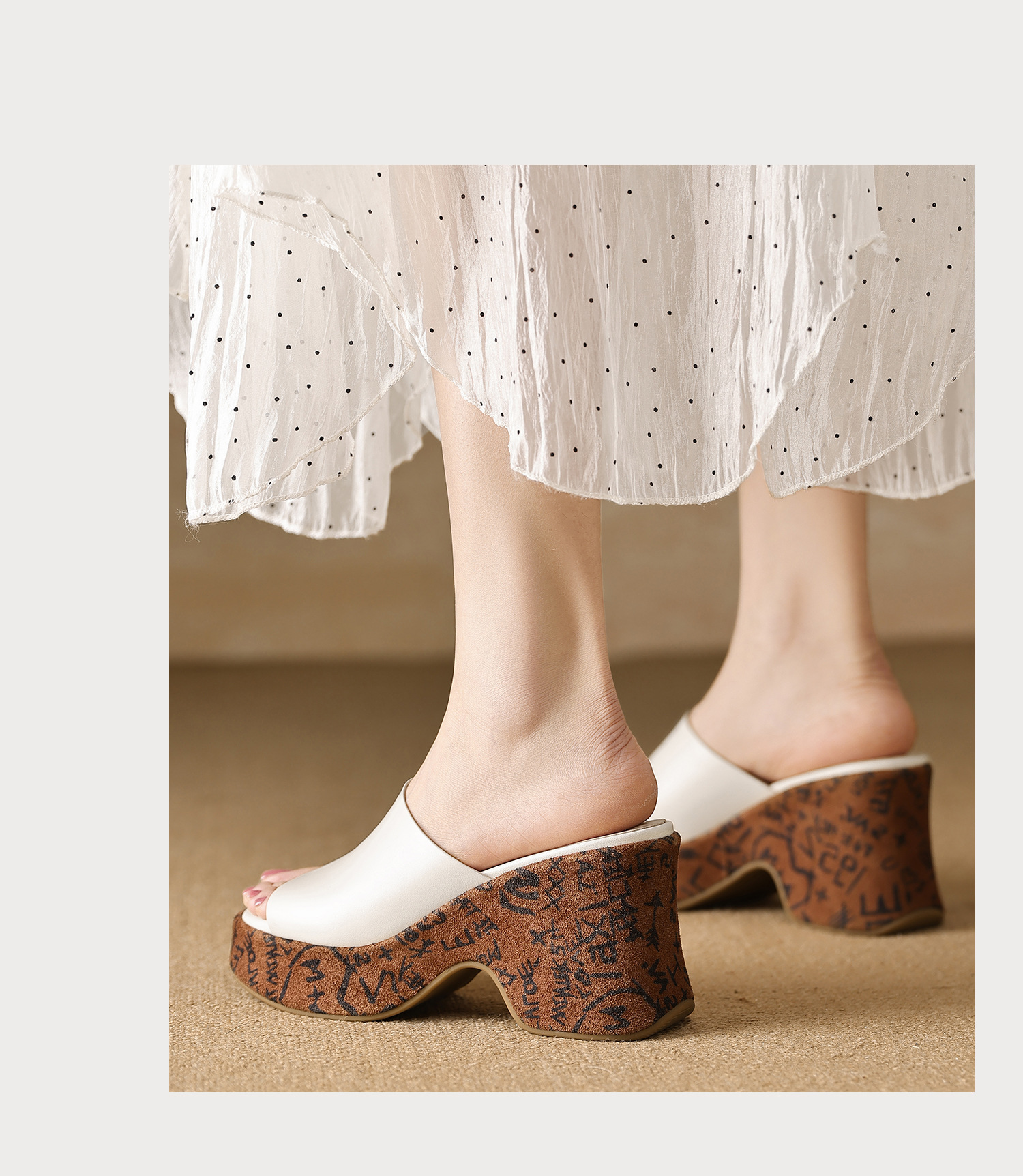 Dép sandal nữ quai chữ V đế xuồng cao phong cách Bohemian, chất liệu da thật, mũi hở, đế dày êm chân — màu đen, màu trắng ngà chi tiết 15