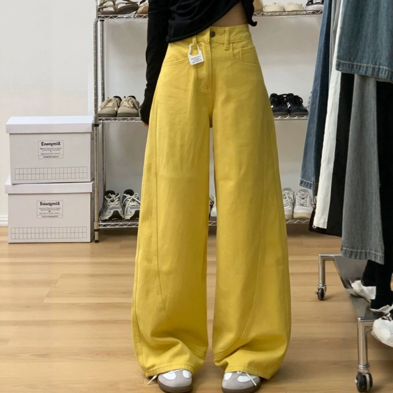 [Korean Style] New autumn/winter design: yellow, wide-leg, straight-cut jeans with a flowing silhouette, perfect for women