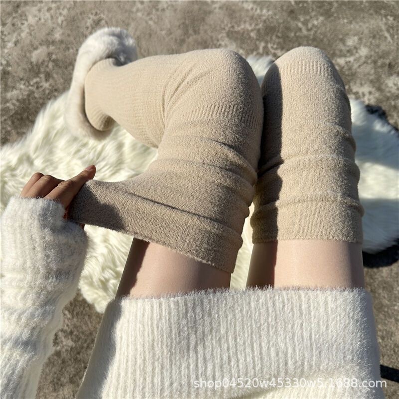 秋冬季加绒过膝袜子女秋冬季长筒加厚保暖卷边暖色小腿袜套堆堆袜|undefined