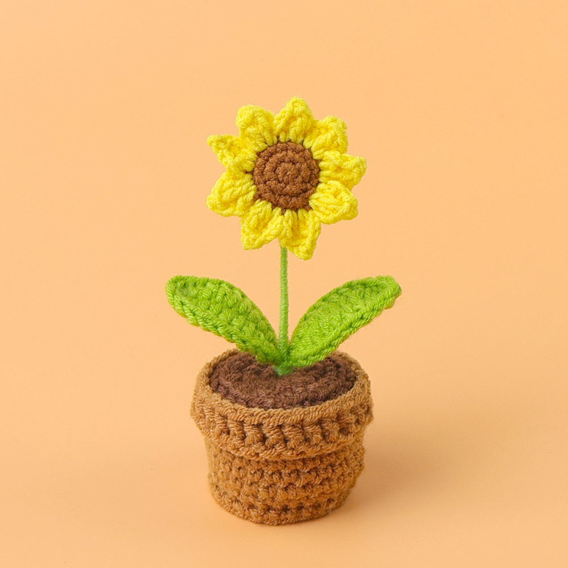 完成品クロスボーダー手作りウールかぎ針編み忘れなしひまわり模擬花鉢植えクリエイティブデスクトップ装飾品車の装飾造花|undefined