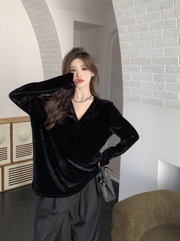 【自宅工場現物】vネック長袖ベルベットtシャツ女性気質ゆるい中長タイプのインナーシャツ上着|undefined