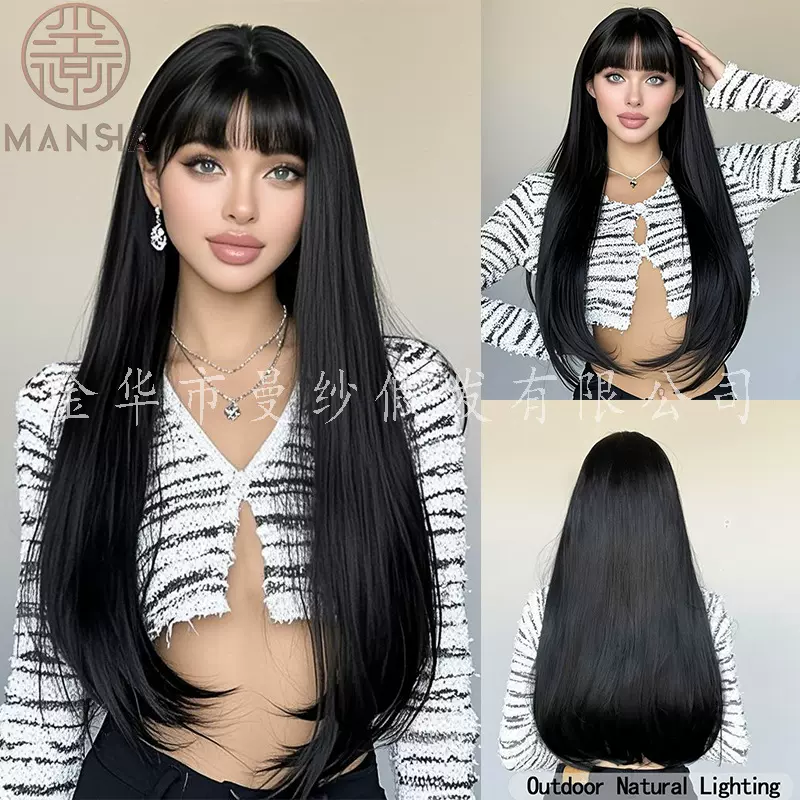 亚马逊跨境黑色齐刘海长直发可造型日常蓬松高温丝女士假发现货