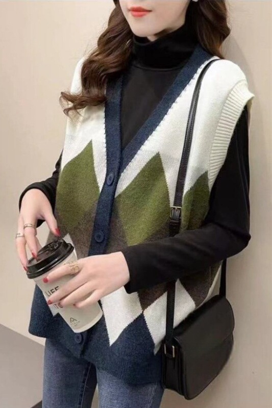 Mm Large Size Knitted Vest Autum Retro Collar Quilted Autum and Winter Quilted Sweater Cardigan Vest Spring and Autum Women