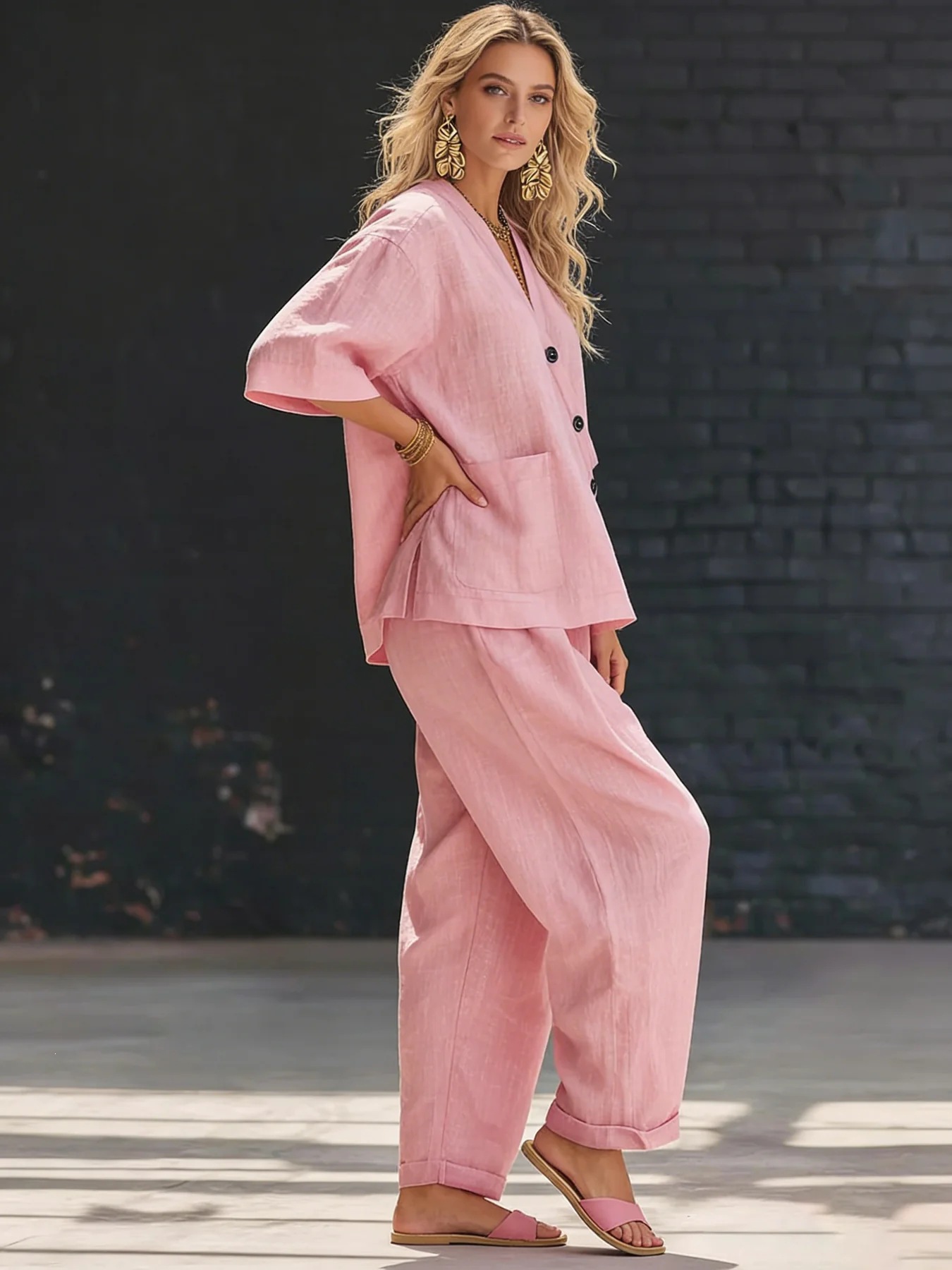 Women's Clothing Women's Solid Color Summer Set V Neck Short Sleeve Top And High Waisted Trousers Two Piece Style Clothing_ecoleips.com