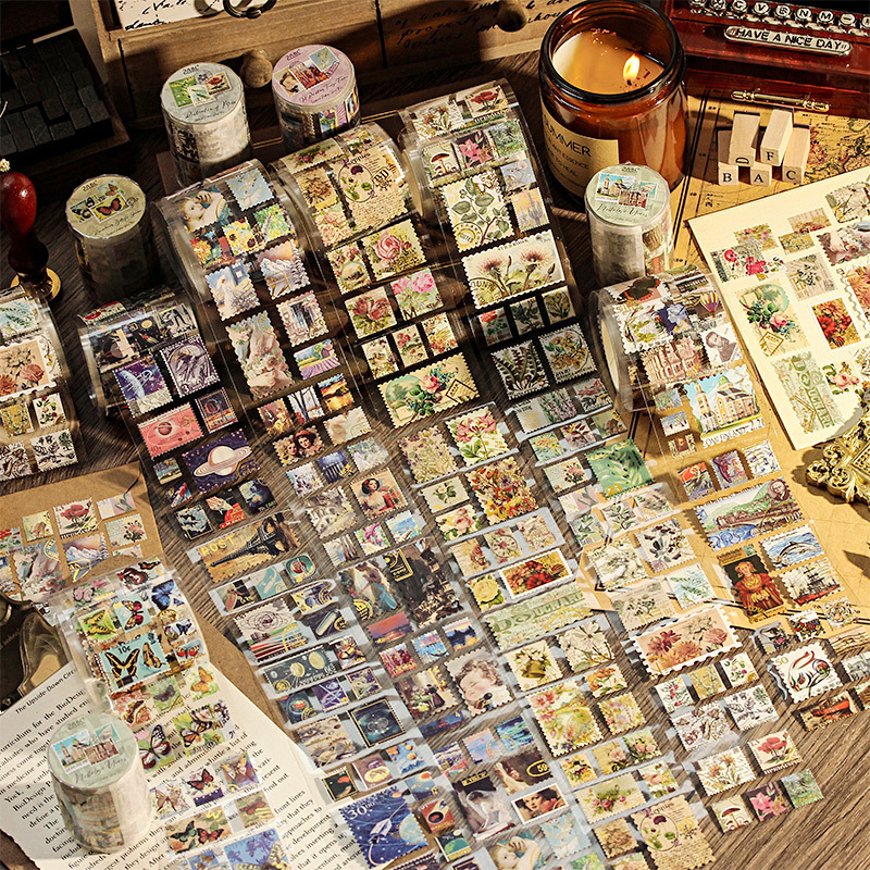 sello amarillento retro estampado cinta adhesiva DIY paisaje pegatinas de libro de mano rollo de plantas y animales pegatinas de sellos retro