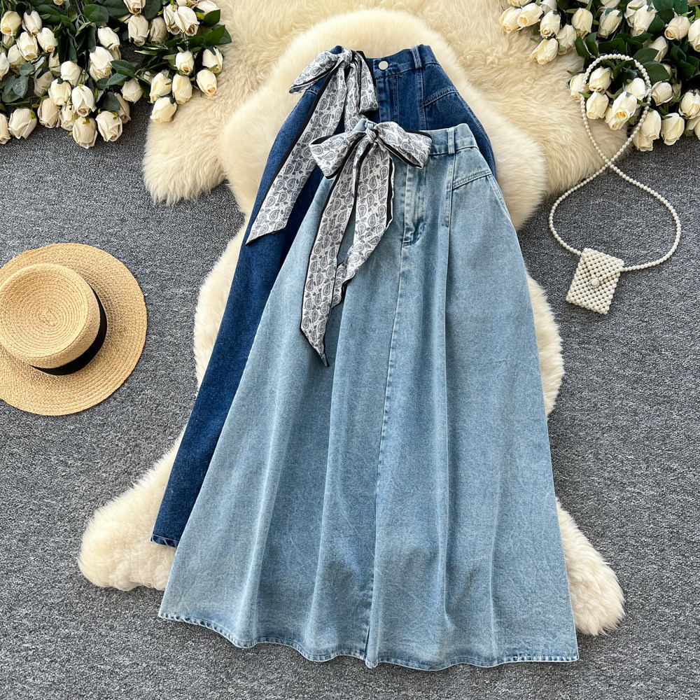 Long retro denim spring fitted long skirt