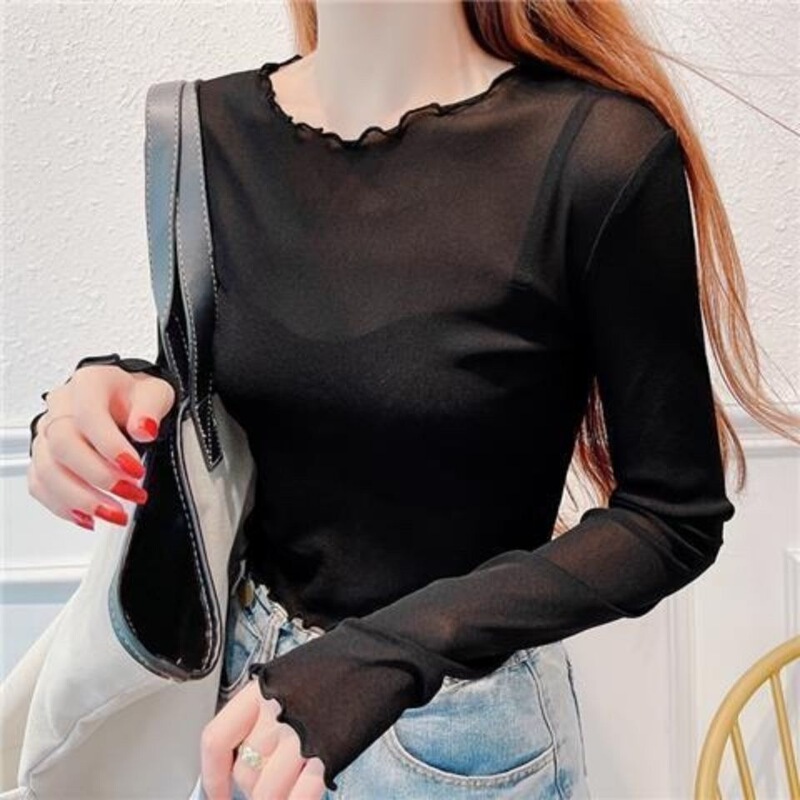 Mesh Base Layer Shirt 2026 Early Autumn Women's Long-Sleeve Thin Transparent Sheer Top with Camisole Dress and Short Lace Top Underneath