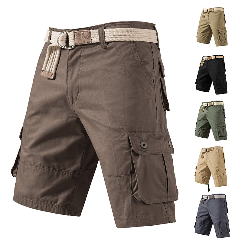 Cross-border Amazon new men's solid color loose multi-pocket five-point overalls plus size fashion casual straight pants