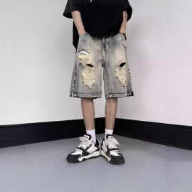 美式高街破洞牛仔短裤男夏季做旧水洗直筒休闲宽松潮牌阔腿五分裤