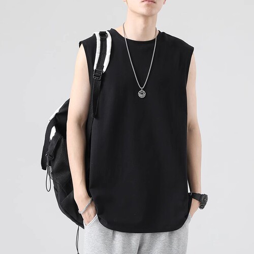 White Men's Spring Youth Basic Loose Hong Kong Style Sleeveless T-Shirt Top Plus Size Casual Crewneck Shirt