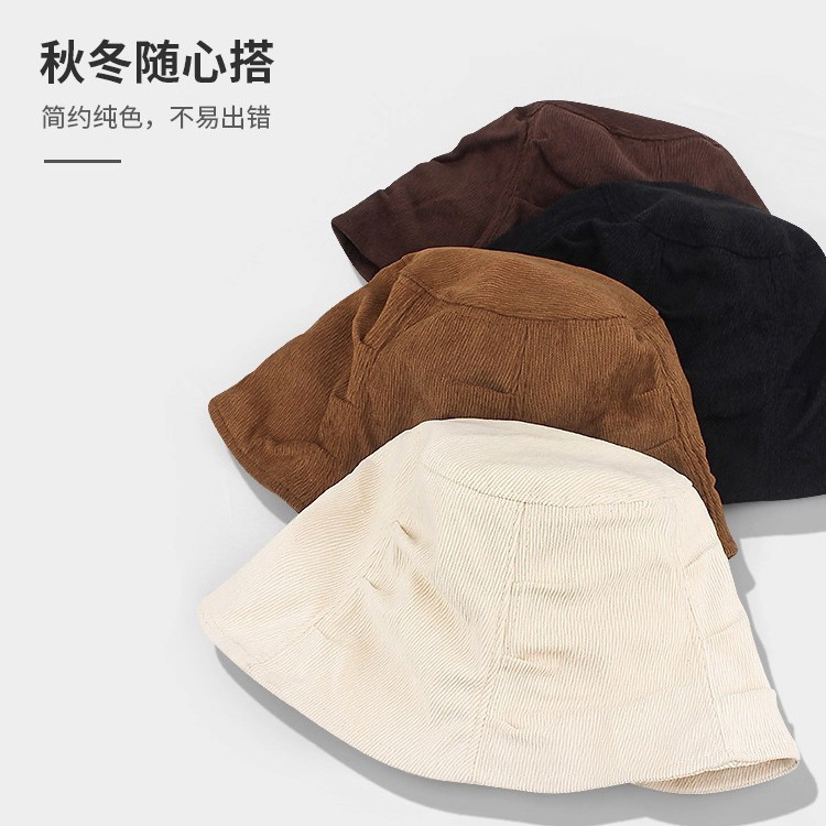 2025新款灯芯绒褶皱渔夫帽女秋复古百搭素颜遮脸盆帽卡其色水桶帽|undefined