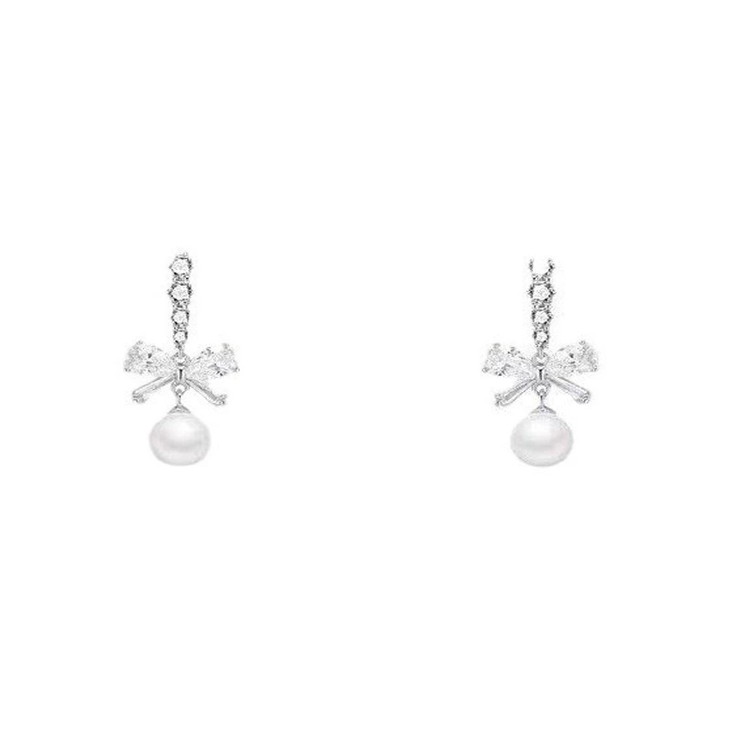 Серебряная игла из жемчуга, zirconium с бантом, небольшие дизайнерские длинные серьги, образец 925 серебра, тренд сезона, стиль легкой роскоши, французский стиль