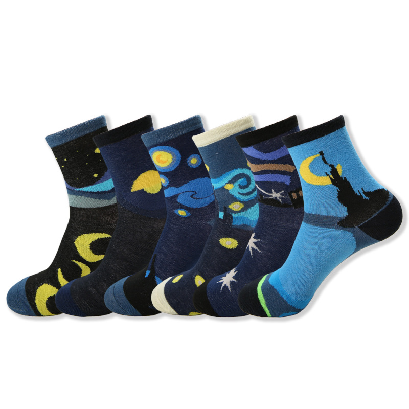 Cross-Border Socks Amazon Holiday Style Star and Moon Pattern Starry Sky Oil Painting Style Mid-Calf Socks Zhuji Socks Cross-Border Socks Amazon Holiday Style Star and Moon Pattern Starry Sky Oil Painting Style Mid-Calf Socks Zhuji Socks