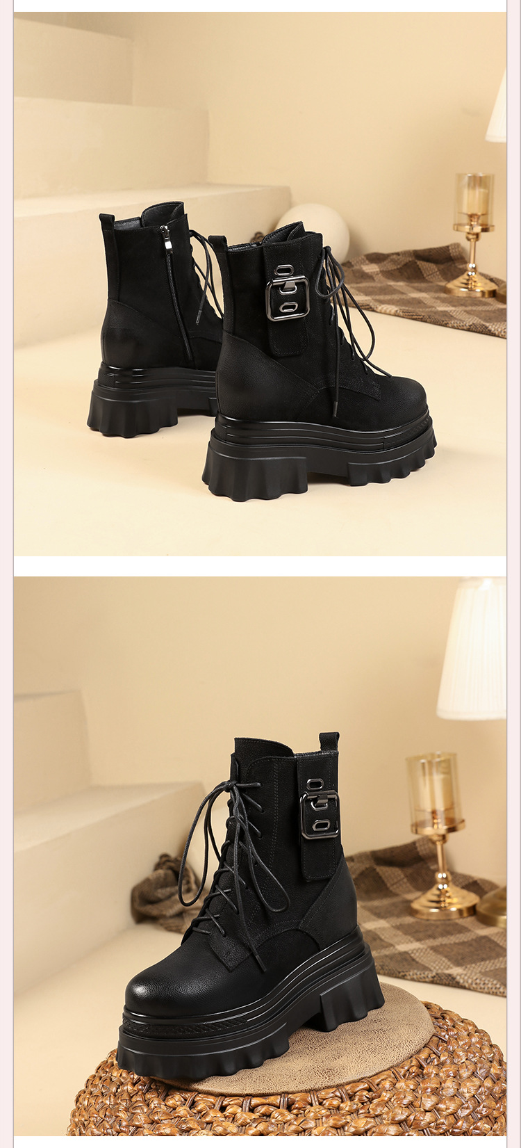 Boot nữ cổ thấp phong cách Anh quốc cổ điển, khóa kéo bên hông, đế dày 10 cm tăng chiều cao — Lót nhung đen chi tiết 10