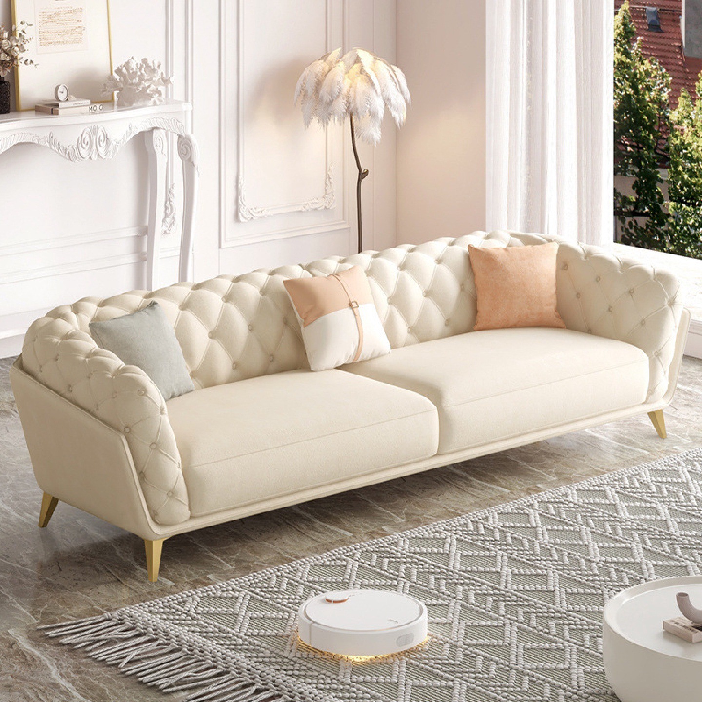 Sofá de tela de estilo francés crema retro lujoso ligero sensación de piel de velcro de leche sala de estar pequeña casa simple sofá recto