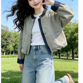 韩版宽松立领撞色拼接短外套女2026春夏新款设计感夹克棒球服上衣