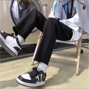 Black Jeans Men's Hong Kong Style Loose Straight Pants Summer Raw Edge Nine-Point Pants Trendy Brand High Street Autumn Pants Men