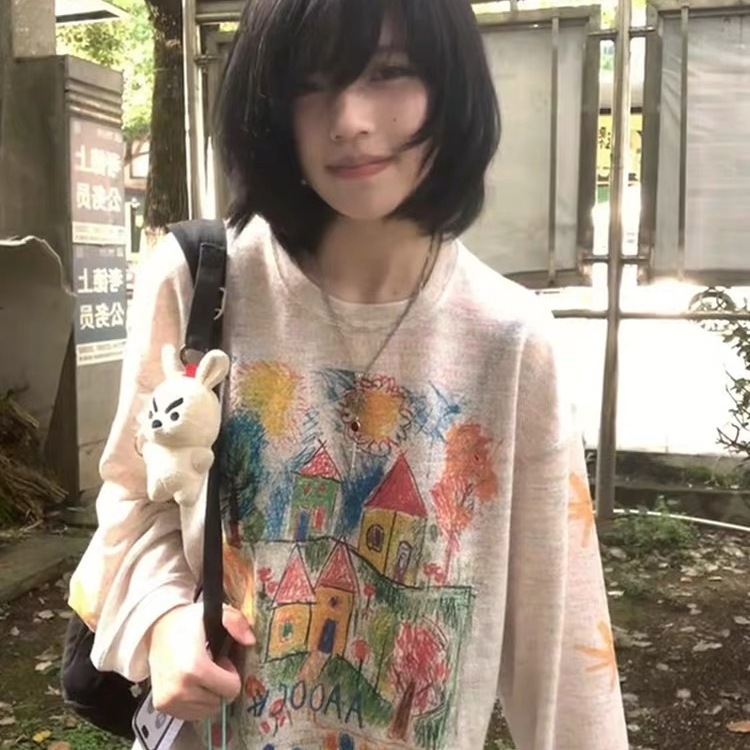 【广州原版面料彩点】色手绘涂鸦防晒罩衫女网纱宽松长袖T恤花色|undefined