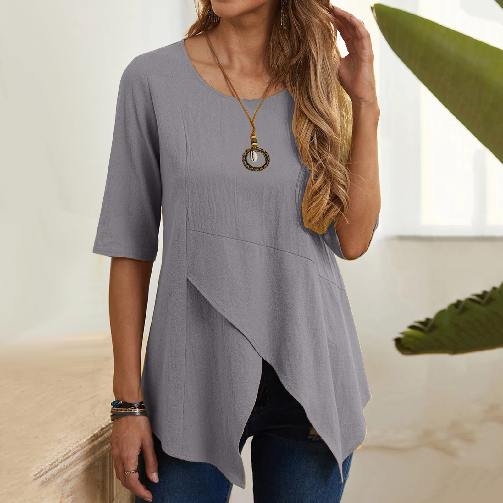 21002 # Amazon WISH Jersey irregular de las mujeres europeas y americanas de cuello redondo slim fit media manga de algodón y lino camiseta superior