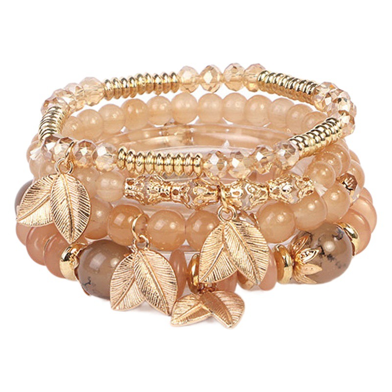 Cross-Border Popular Bohemian Bracelet with Leaf Ethnic Style Pendant, Elastic String Beads, Multi-Layer, Wholesale from Manufacturer, Crystal