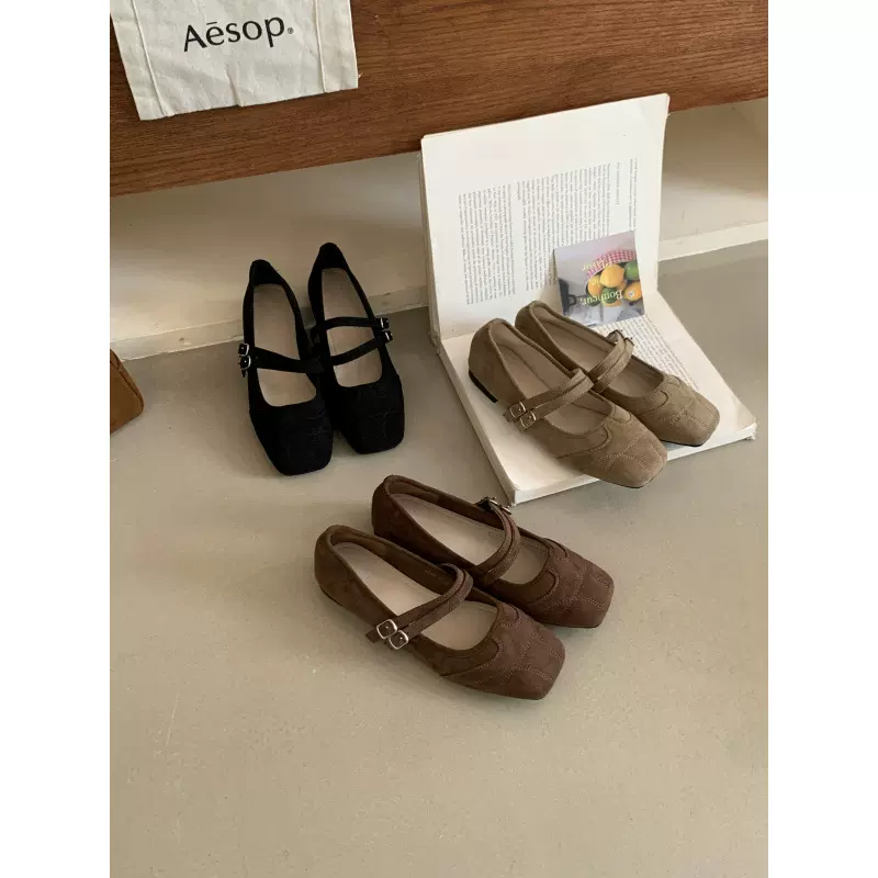 法式晚晚绒面仙女单鞋女鞋子春季配裙子玛丽珍通勤奶奶鞋平底鞋子