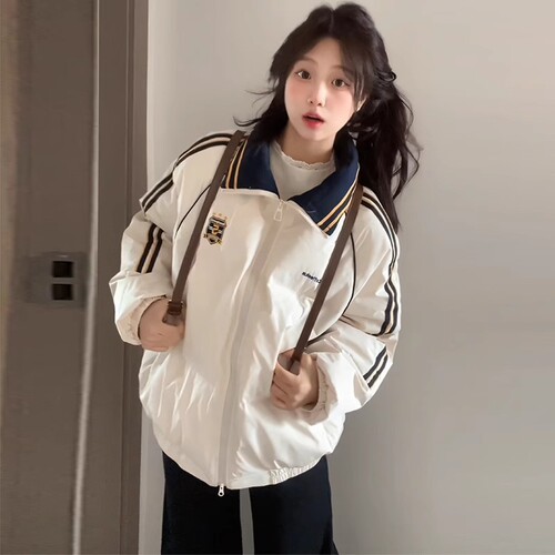 Women's winter loose and thick striped turtleneck down cotton coat, bread coat cotton garment, Korean style outerwear, trendy