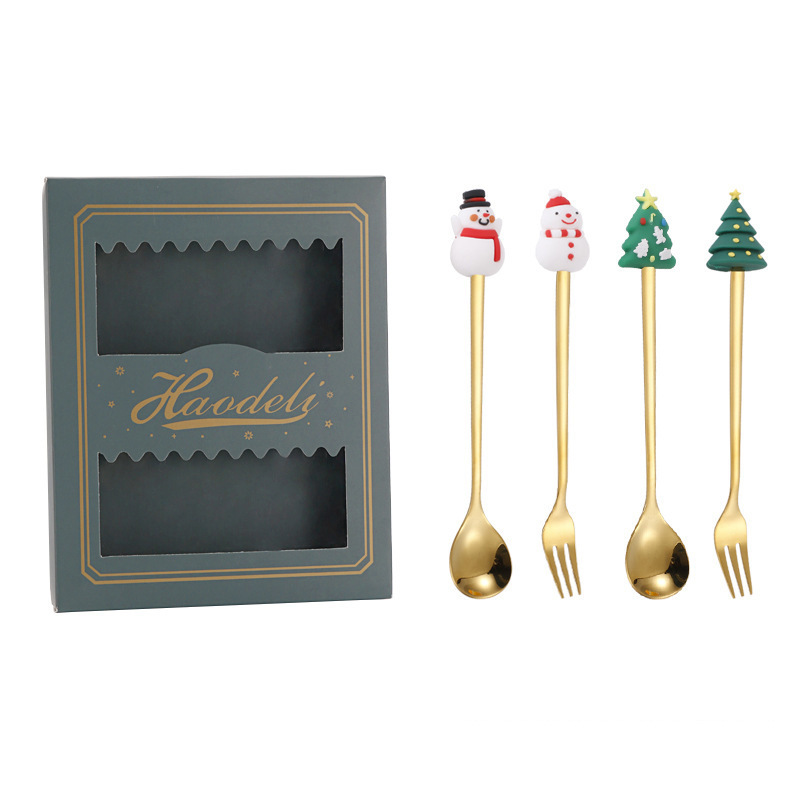 クリスマススプーンセット クリスマス食器ギフト2点セット デザートスプーンとフォーク サンタクロースとトナカイのフィギュア付きスプーン|undefined