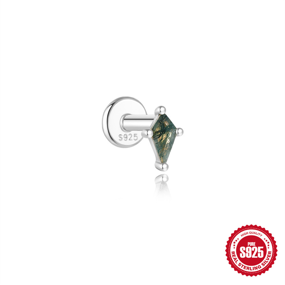 El nuevo s925 simple y moderno hierba de agua natural, uñas de hueso de oreja de ágata, personalidad de lujo ligera europea y americana, pendientes de piedra de musgo verde con incrustaciones