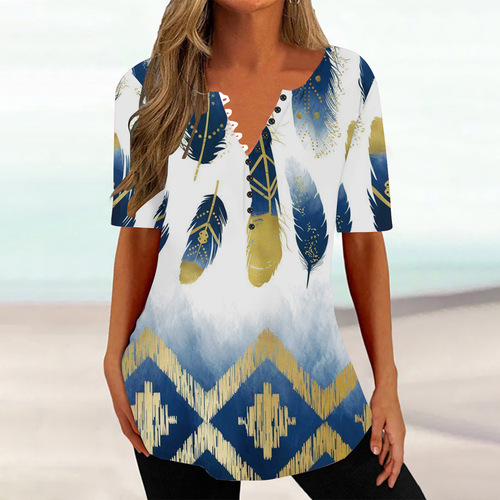 Direct selling of new European and American summer women's 3D printed V-neck button-down short-sleeve top
