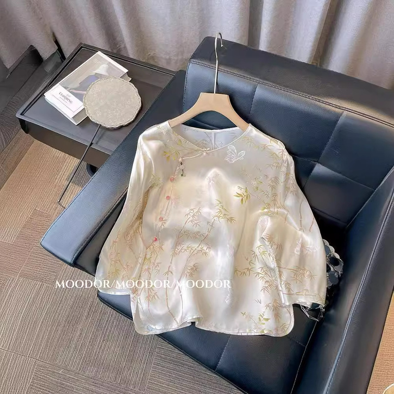 New Chinese Style National Style Bamboo Printed Mid-Sleeve Round Neck Shirt Women's Thin Summer Loose Age-Reducing Beautiful Vintage Small Shirt