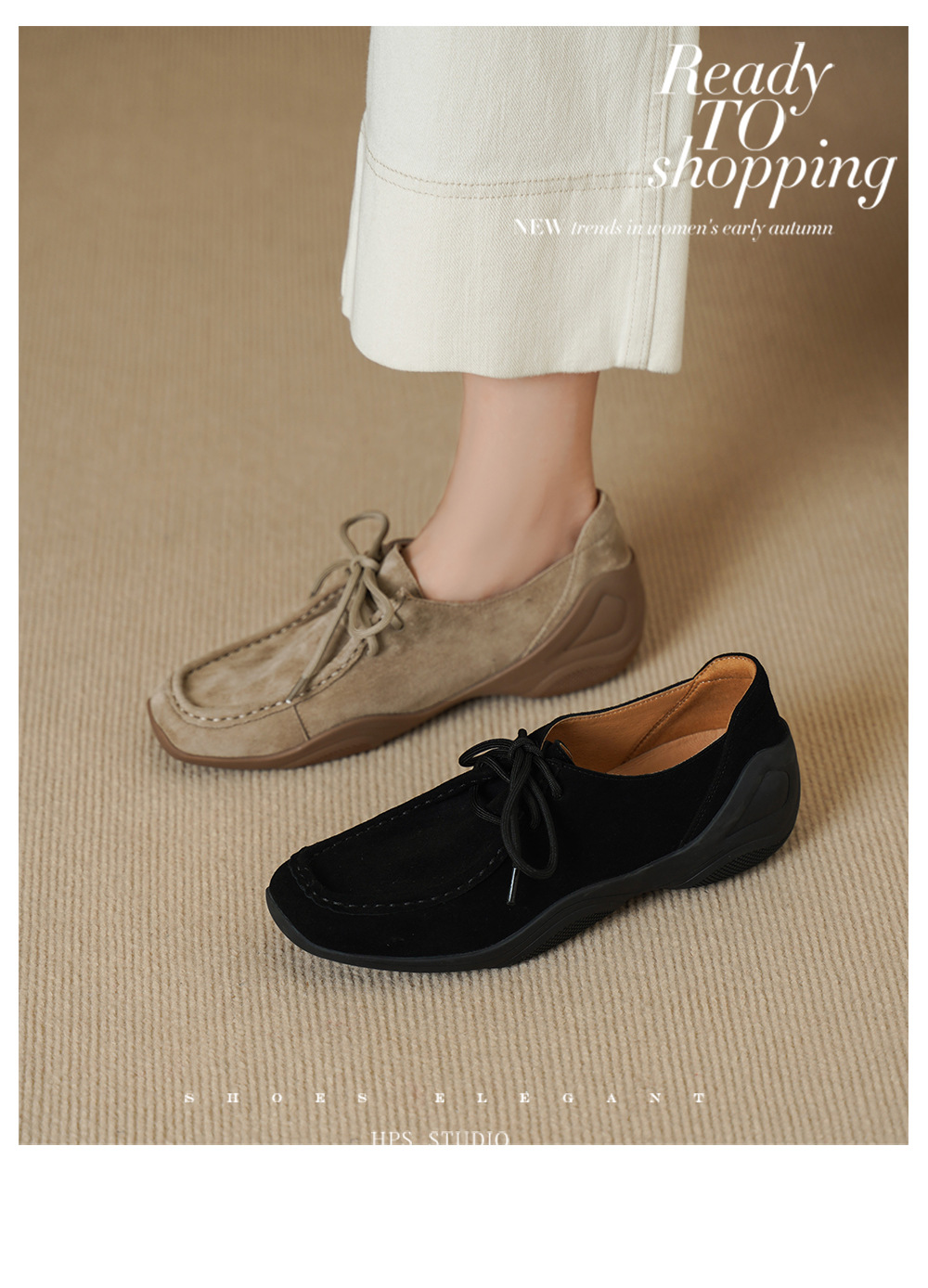 Giày lười nữ mũi vuông da cừu mềm phong cách DeTrain vintage buộc dây — đen chi tiết 1