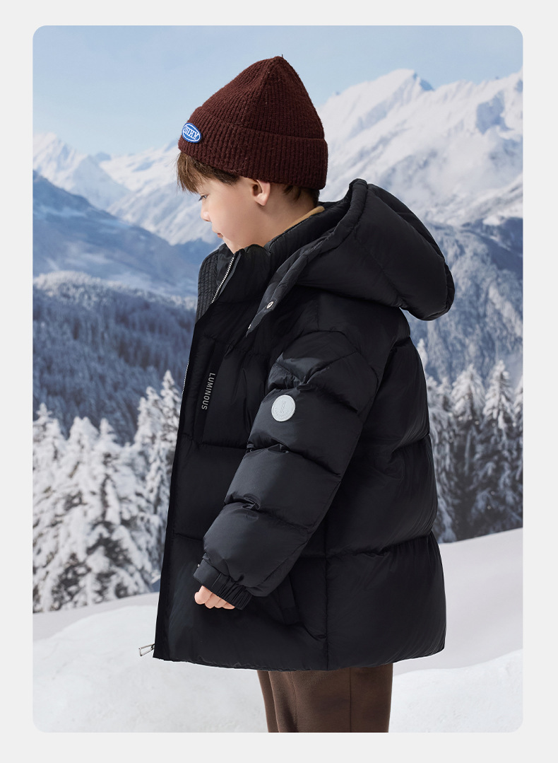 Kids Winter Puffer Jacket With 90% White Duck Down, Short Thickened Coat For Boys & Girls, Trendy Outerwear For Big Kids (120-170cm, Black/Smoke Grey)_voghion.com