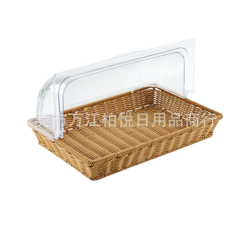 Cesta para pan, cesta para frutas, imitación ratán de plástico con tapa, cesta para exhibir alimentos, bandeja de ratán con tapa, transparente para puestos de venta